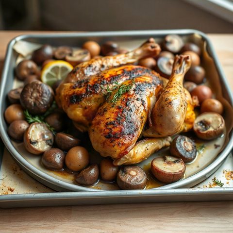 Poulet rôti au citron et thym, champignons et pommes de terre