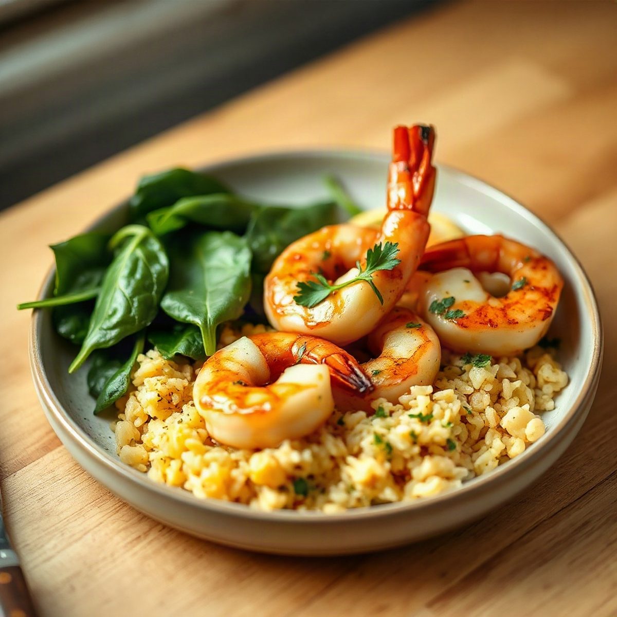Garlic Shrimp and Scallops with Spinach and Lemon Rice