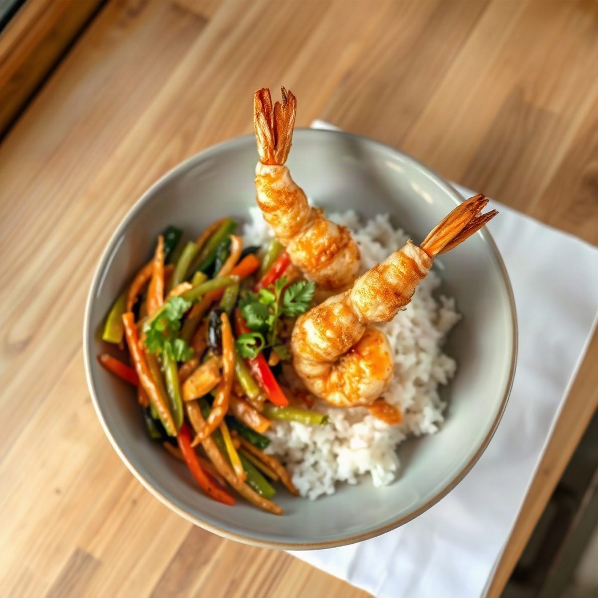 Bol de crevettes tempura, riz et légumes sautés