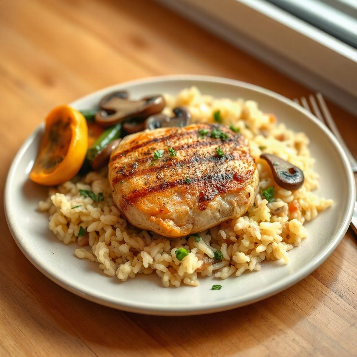 Riz pilaf au poulet et champignons