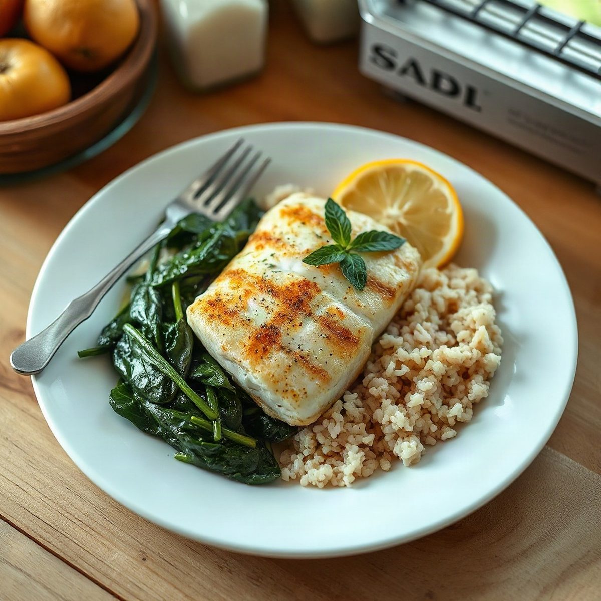 Pan-Seared Tilapia with Lemon Butter, Rice and Spinach