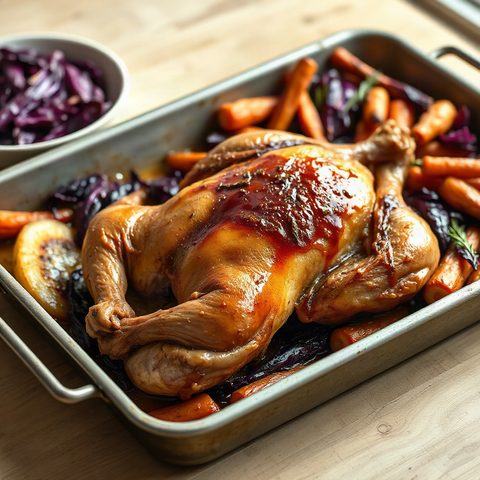 Poulet rôti au miel et à la moutarde, chou rouge et carottes