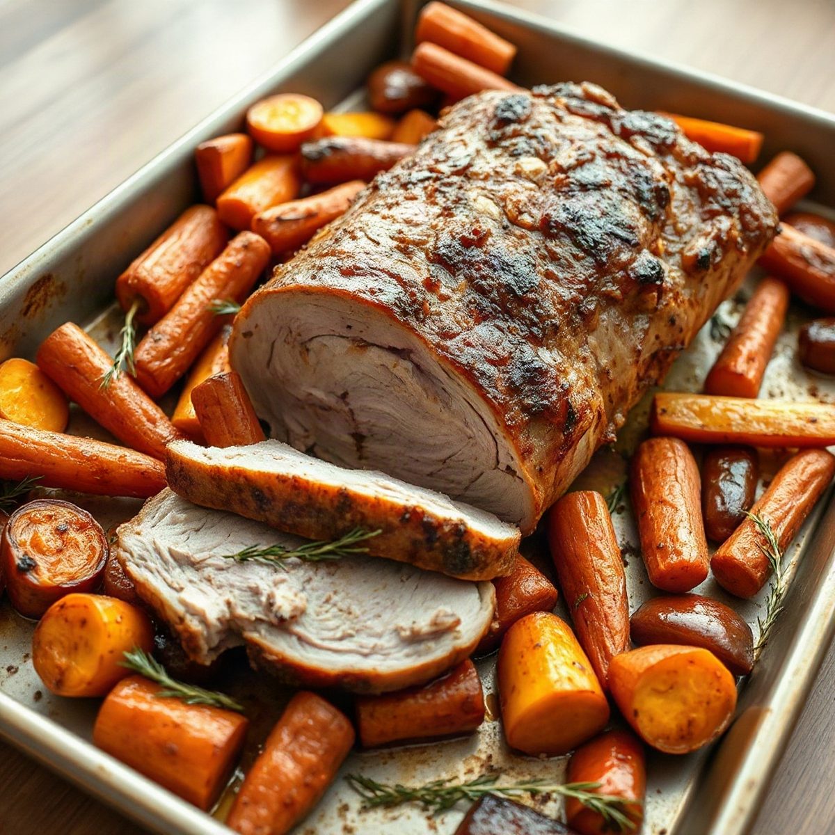 Maple pork loin roast with sweet potatoes and carrots