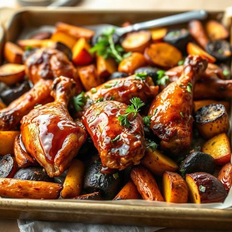 Ailes de poulet laquées miel-soya et légumes racines rôtis