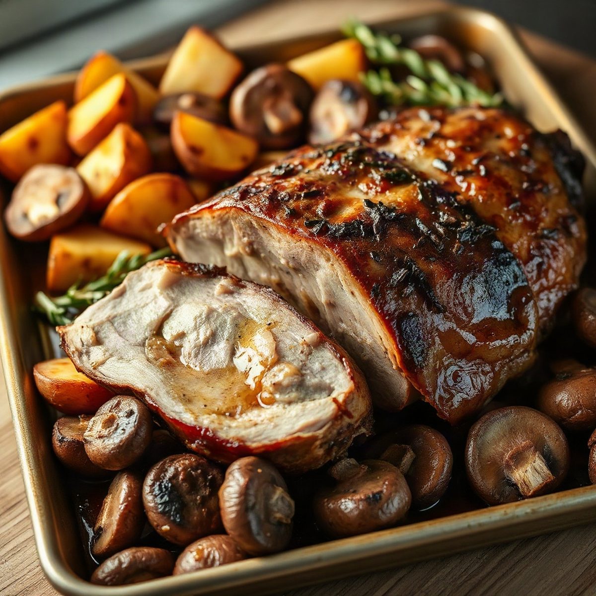 Rôti de longe de porc aux champignons et patates rôties