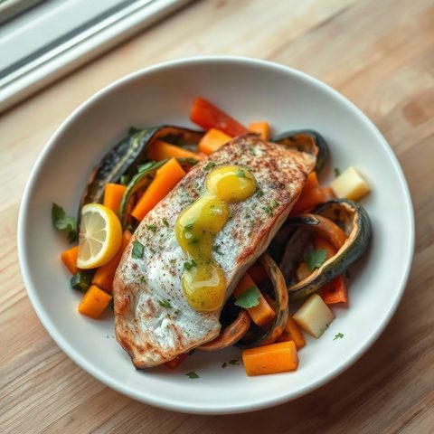 Truite arc-en-ciel poêlée, beurre citron et légumes croquants