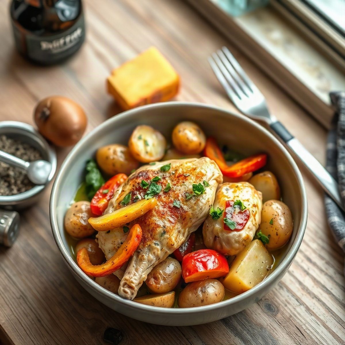 Poêlée de poulet, grelots et légumes croquants