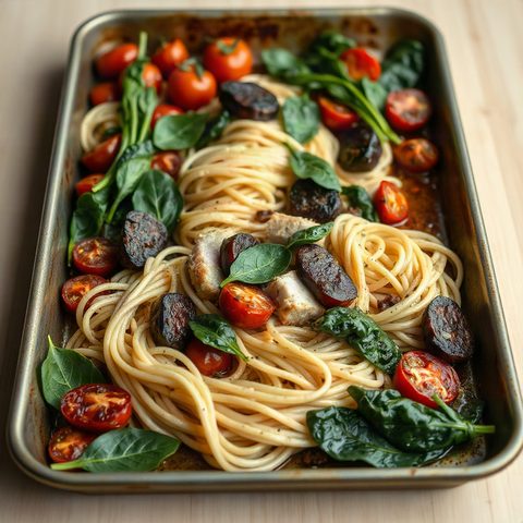 Pâtes au thon Rio Mare, tomates rôties et épinards