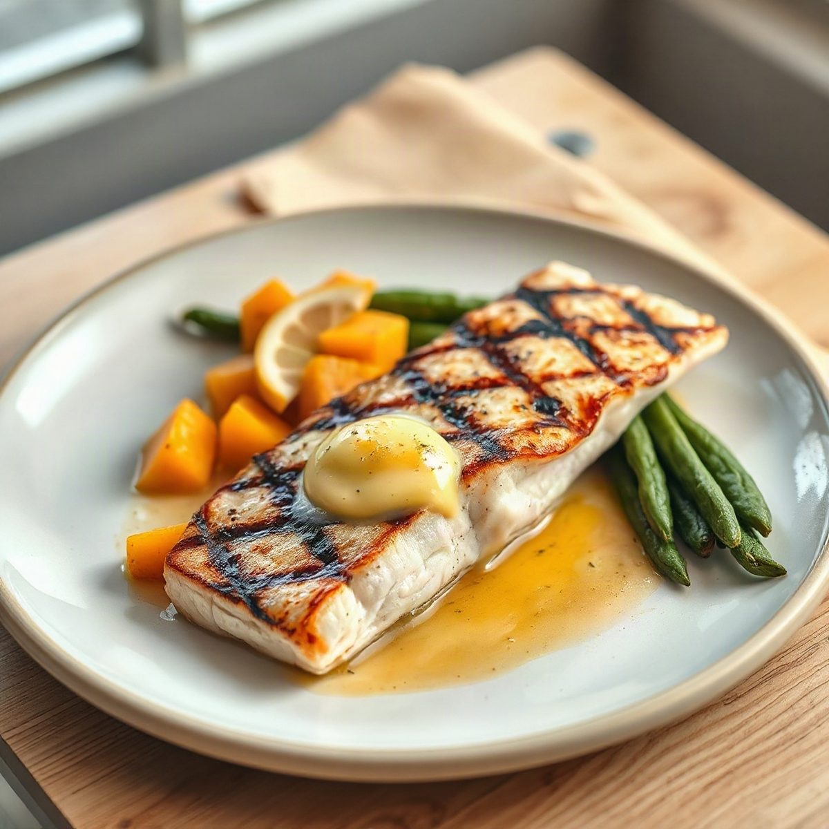 Espadon grillé au beurre citronné, patates douces et haricots verts