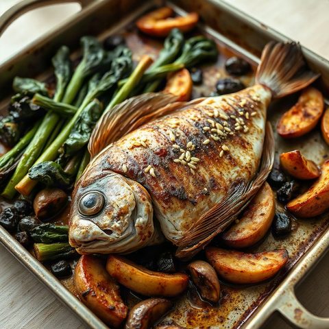 Porgy entier rôti à l'ail et au sésame, yu choy sauté