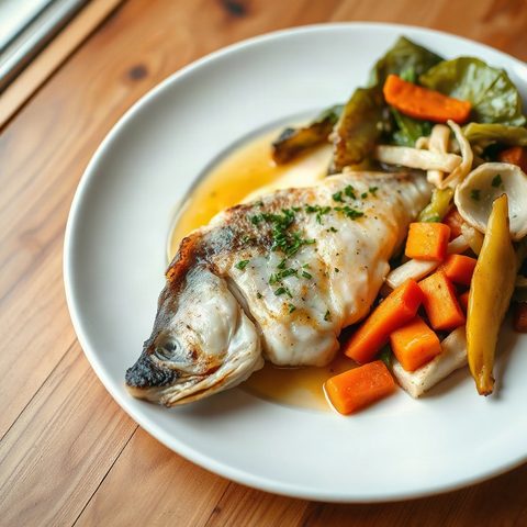 Perche blanche poêlée au beurre d'ail, chou et carotte sautés