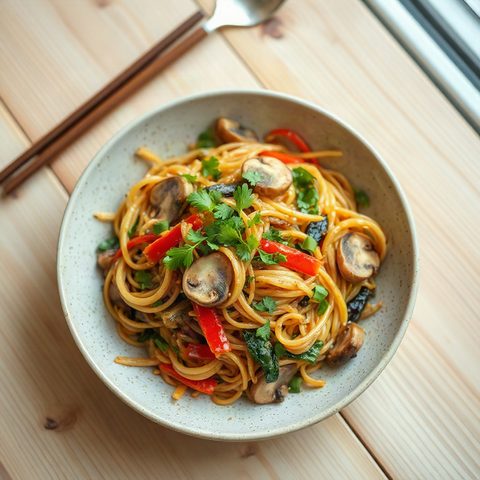 Chow mein sauté aux champignons royaux