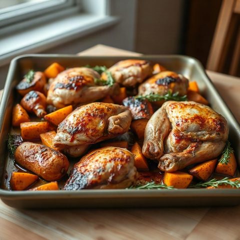 Cuisses de poulet rôties aux patates douces et paprika fumé
