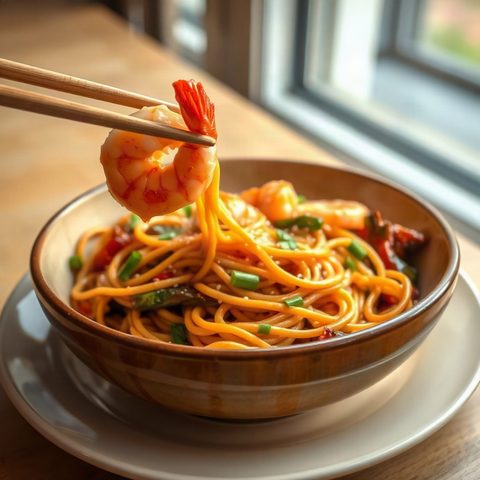 Crevettes sautées à l'ail et yu choy sur nouilles