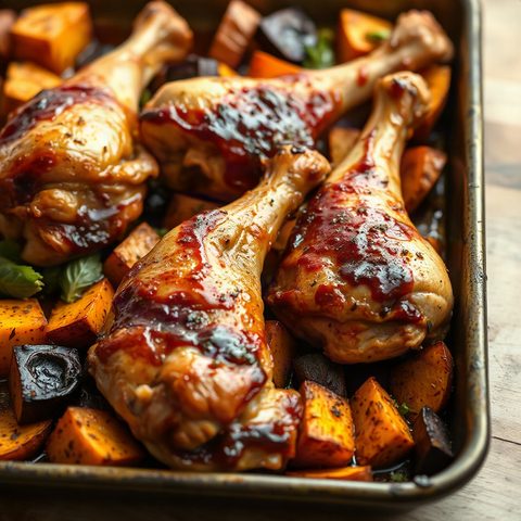 Pilons de poulet rôtis au miel et paprika fumé, patates douces dorées
