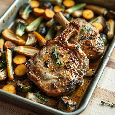 Côtelettes de porc à la moutarde et au thym, fenouil rôti