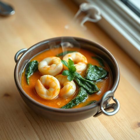 Curry de crevettes au lait de coco et épinards
