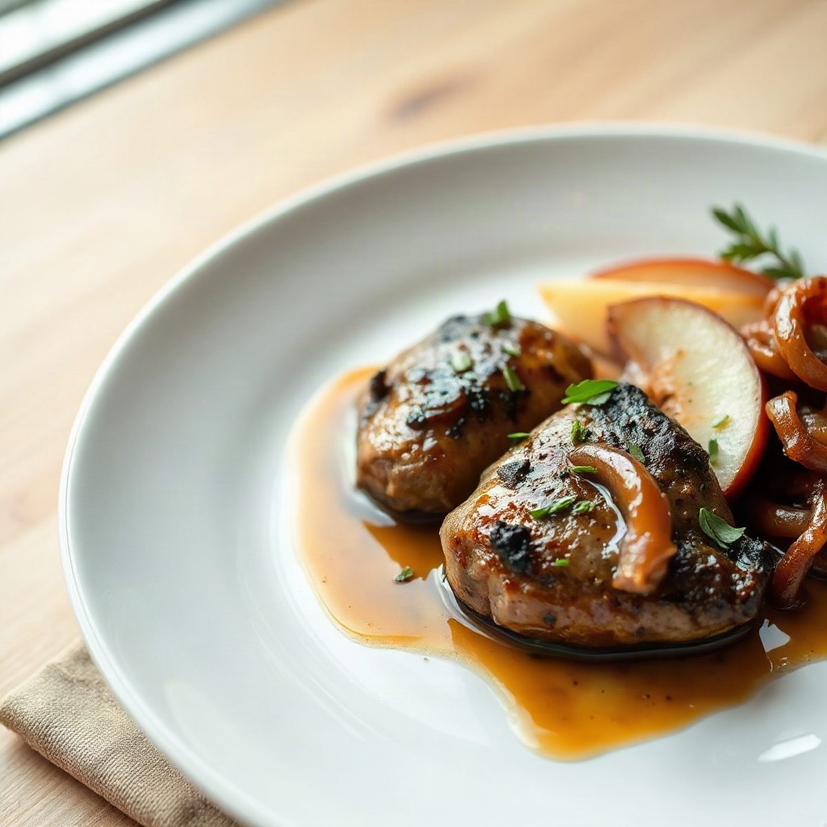 Foie de poulet poêlé aux pommes McIntosh et oignons caramélisés