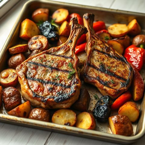 Côtelettes de porc grecques, pommes de terre et poivrons rôtis