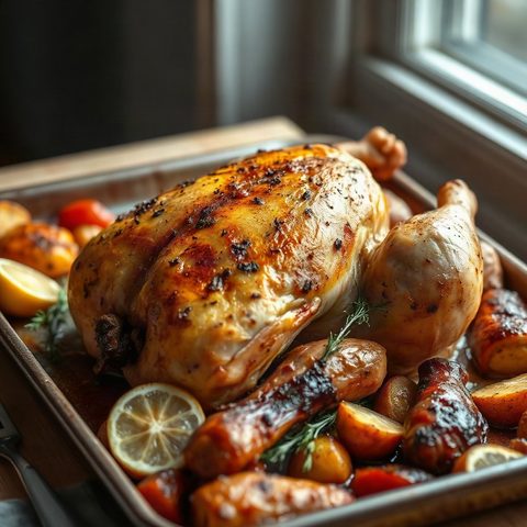 Poulet entier rôti au citron et au fenouil