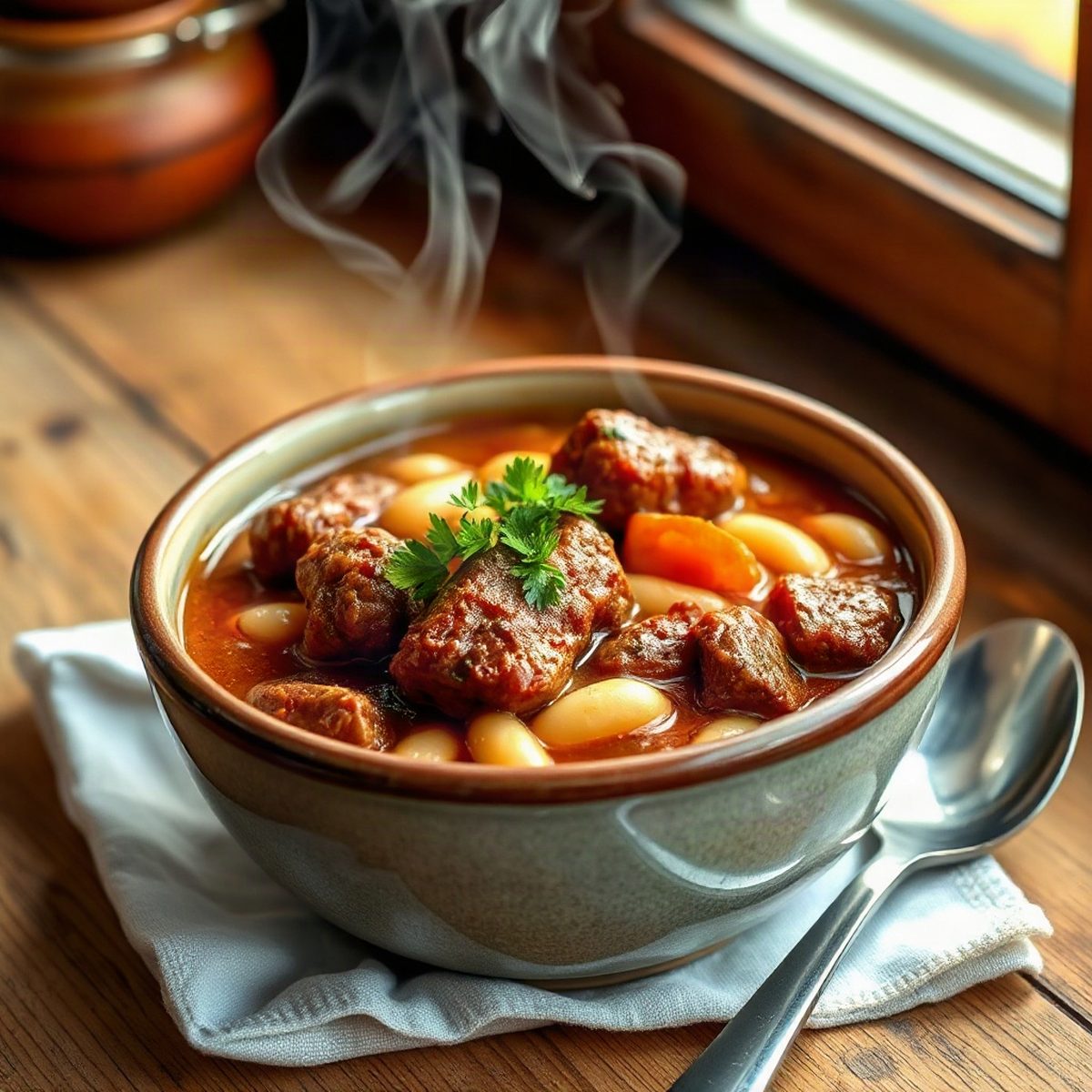 Simmered merguez with white beans and tomatoes