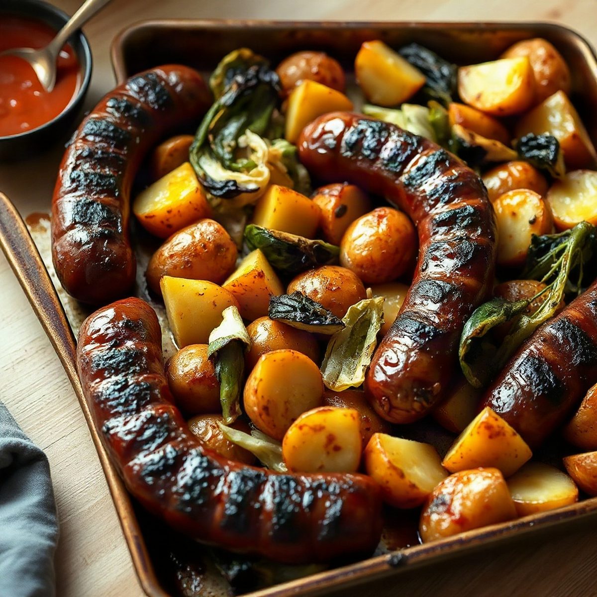 Sheet-Pan BBQ Smoked Sausages with Potatoes and Korean Cabbage