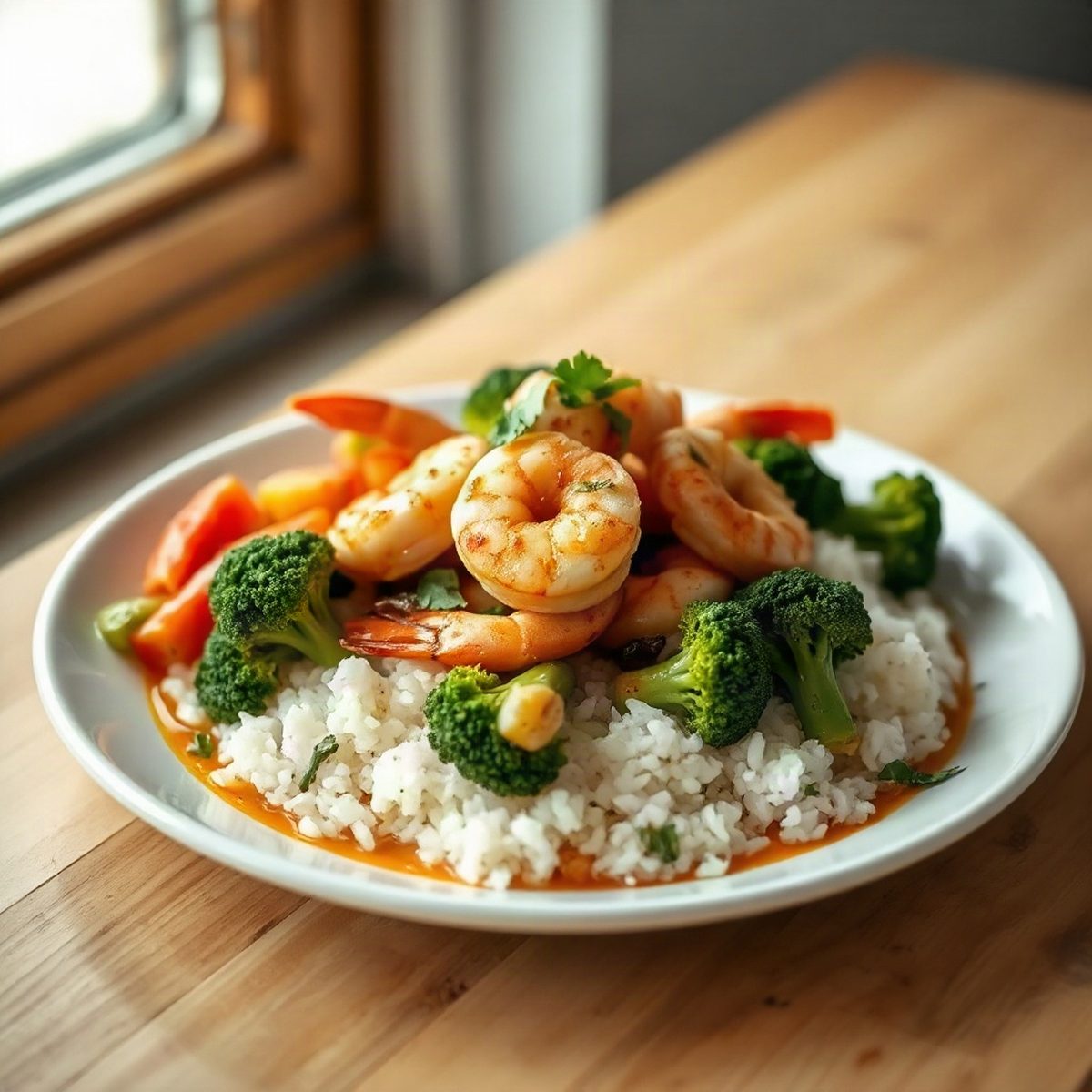 Sauté de crevettes à l'ail et au brocoli sur riz