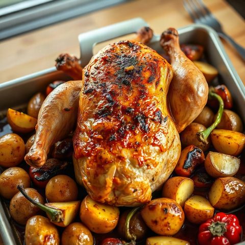 Poulet entier rôti aux poivrons et pommes de terre