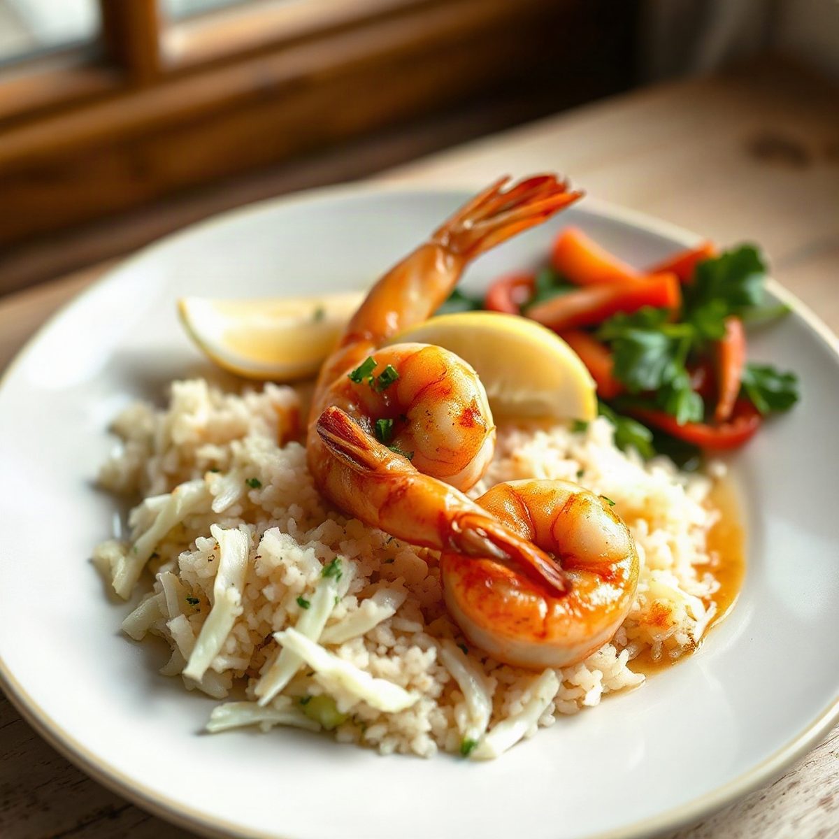 Garlic-Lemon Sautéed Shrimp with Cabbage and Rice