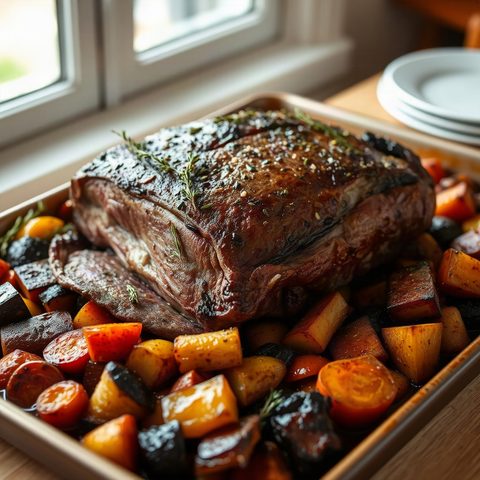 Rôti de bœuf au thym et légumes racines rôtis