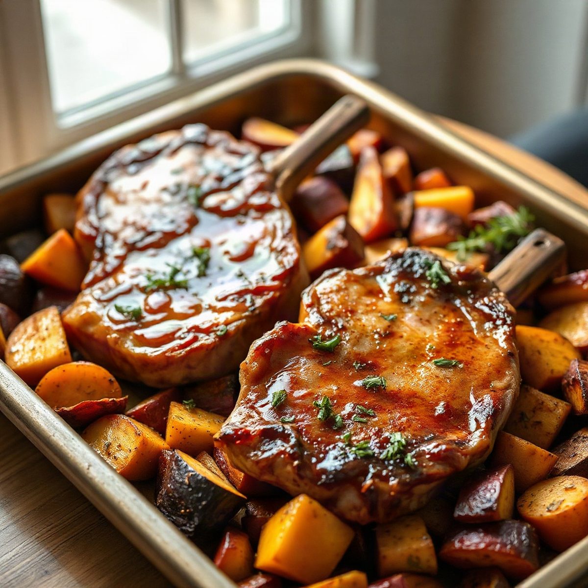 Honey BBQ pork chops with roasted root vegetables