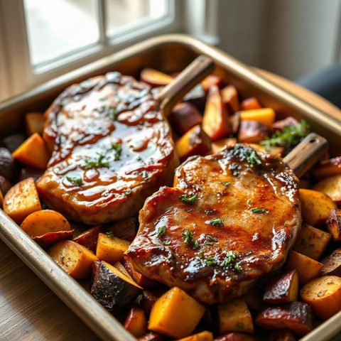 Côtes de porc BBQ au miel et légumes racines rôtis