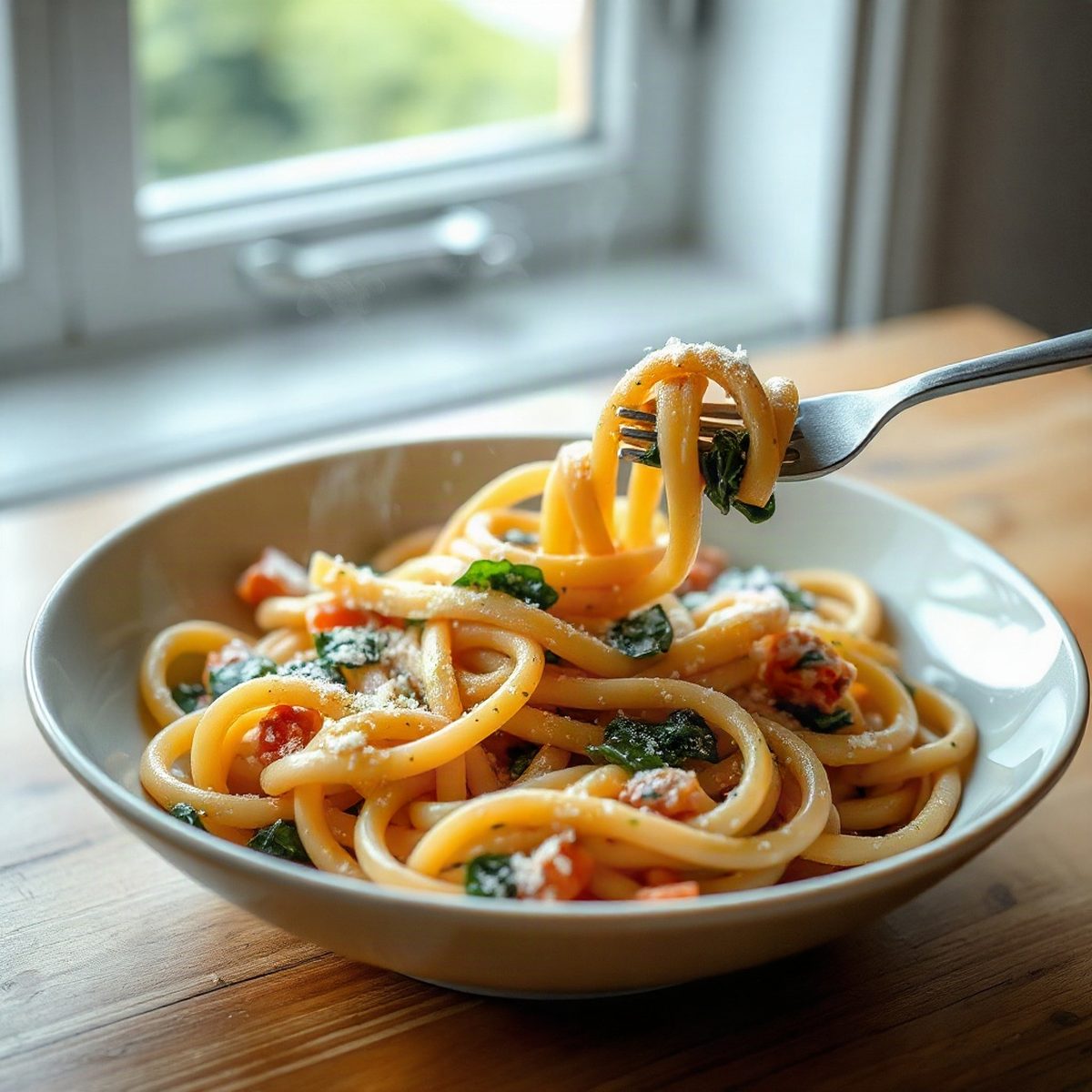 Creamy smoked salmon and spinach pasta