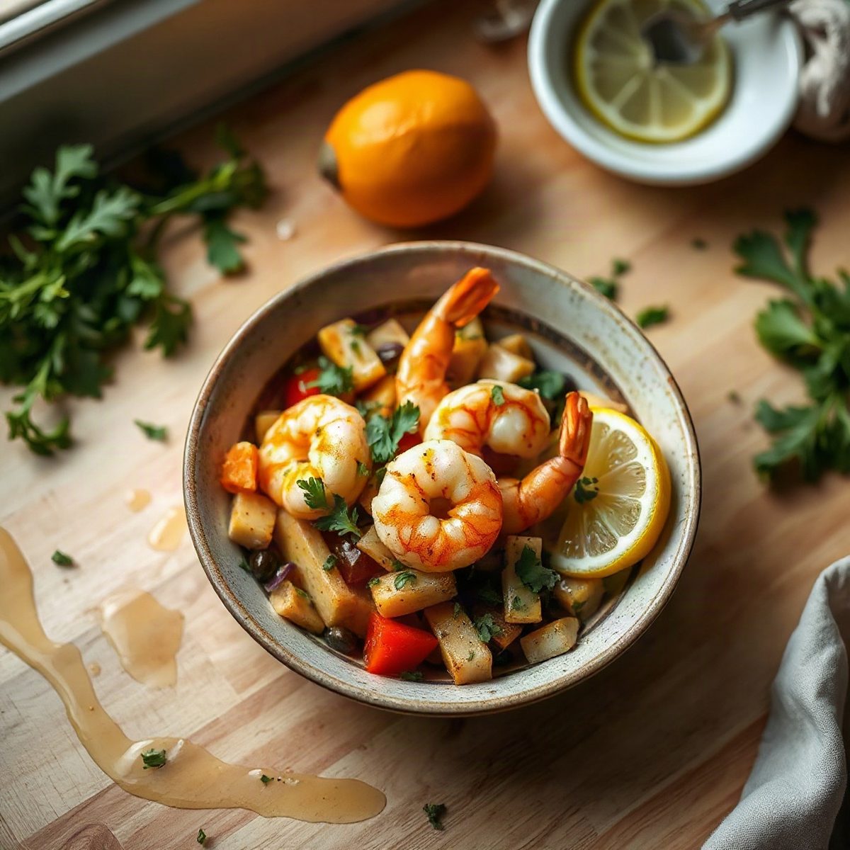 Bol de crevettes sautées à l'ail et au citron