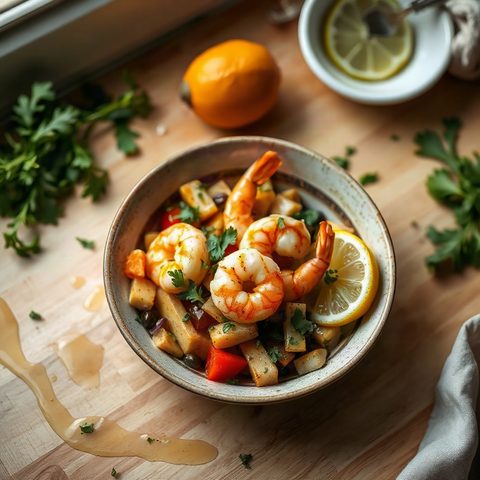 Bol de crevettes sautées à l'ail et au citron