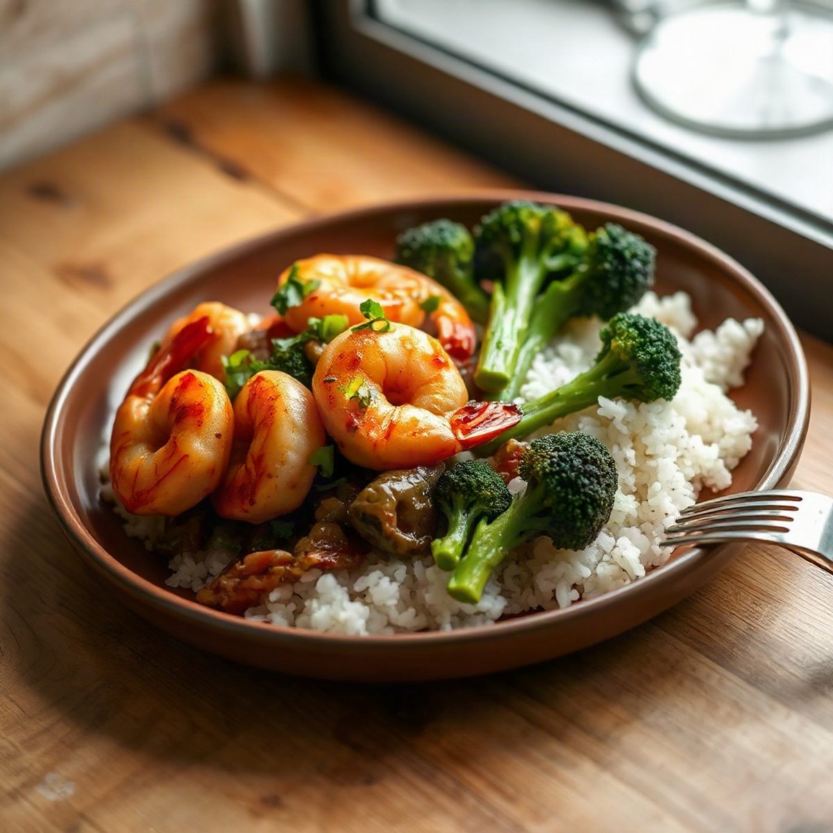 Garlic Shrimp and Broccoli Stir-Fry with Steamed Rice