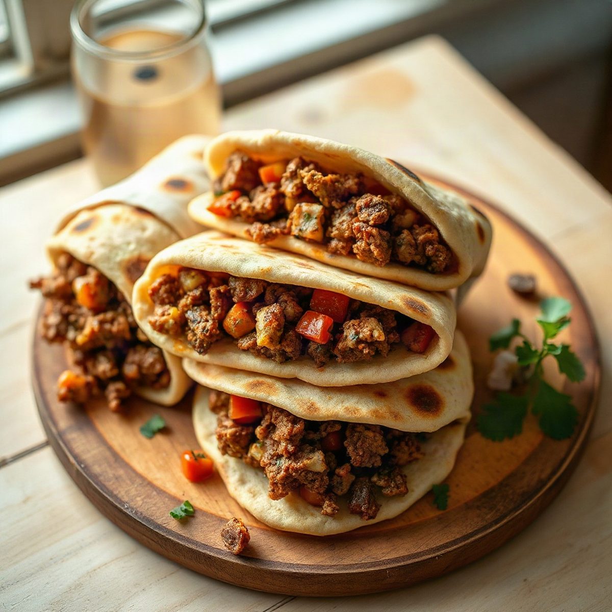 Spicy Ground Pork and Pepper Pitas
