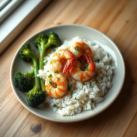 Crevettes sautées à l'ail, brocoli et riz