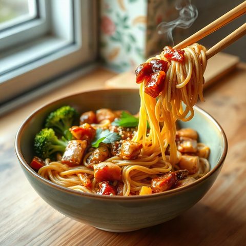 Nouilles sautées au poulet haché et brocoli