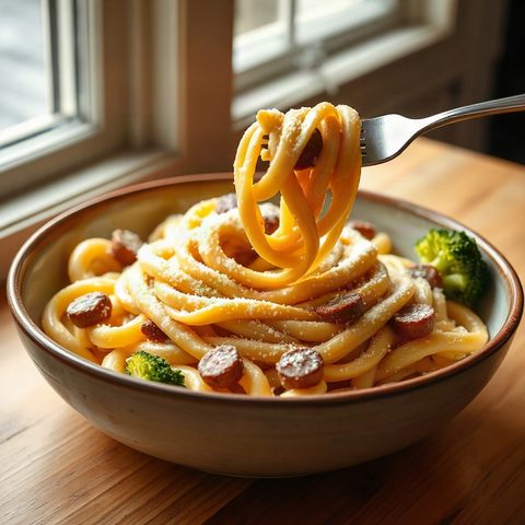 Gratin de macaroni crémeux aux saucisses fumées et brocoli