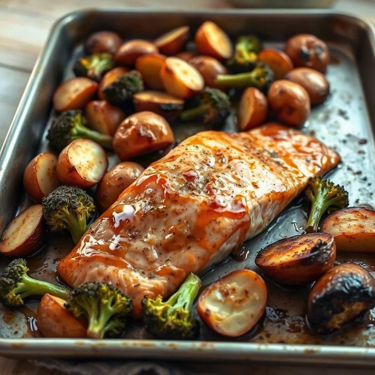 Maple-Mustard Glazed Salmon with Roasted Broccoli and Potatoes