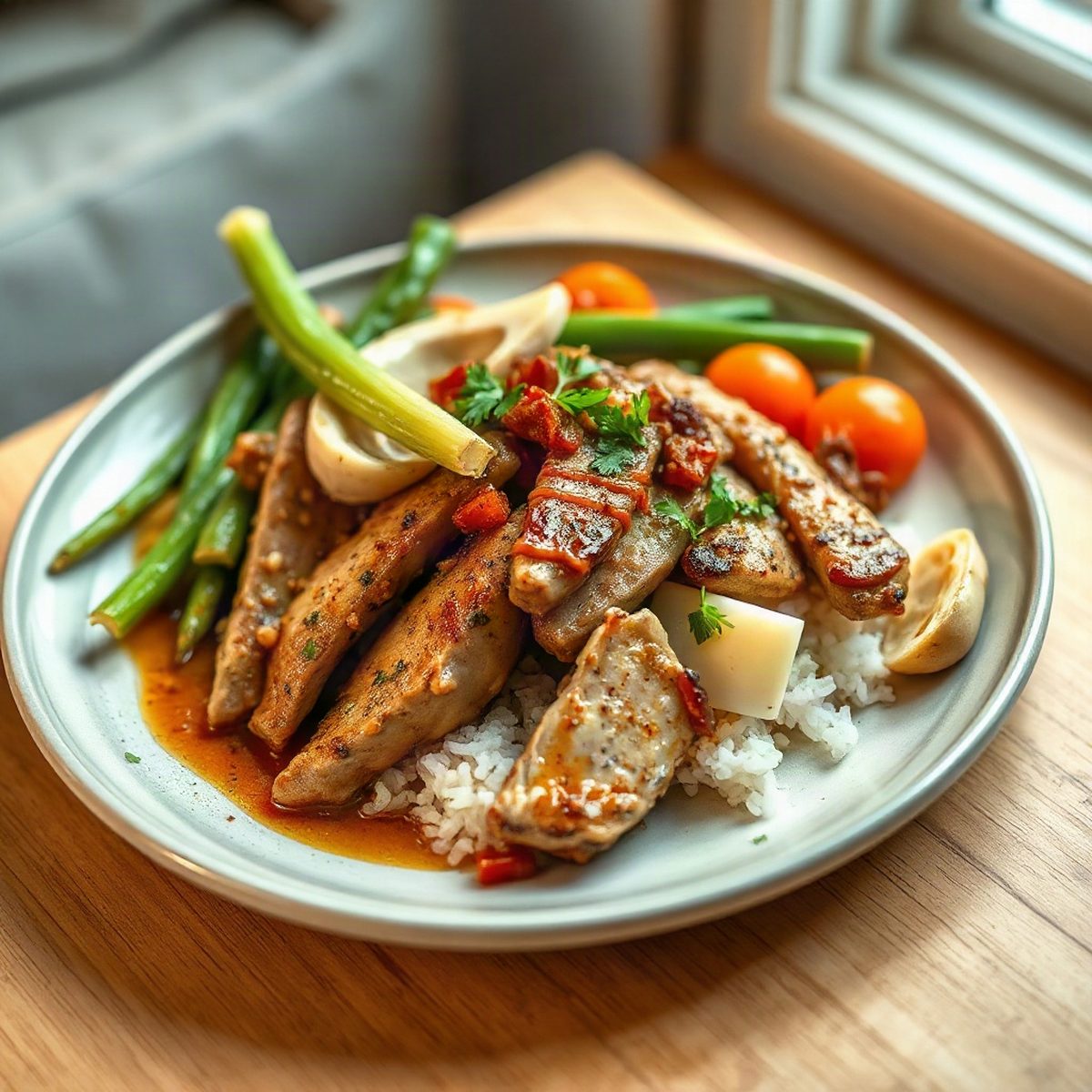 Sauté de poulet haché aux poireaux et riz