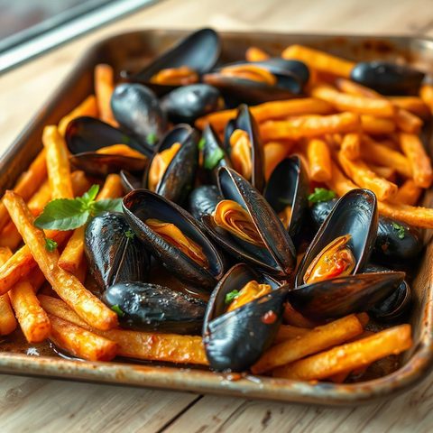 Moules marinière et frites au four