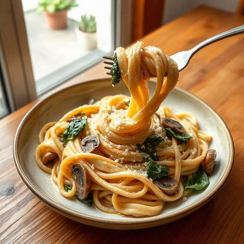 Pâtes crémeuses aux champignons, épinards et chèvre