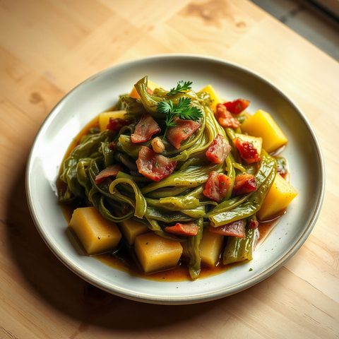 Chou vert braisé au bacon et pommes de terre