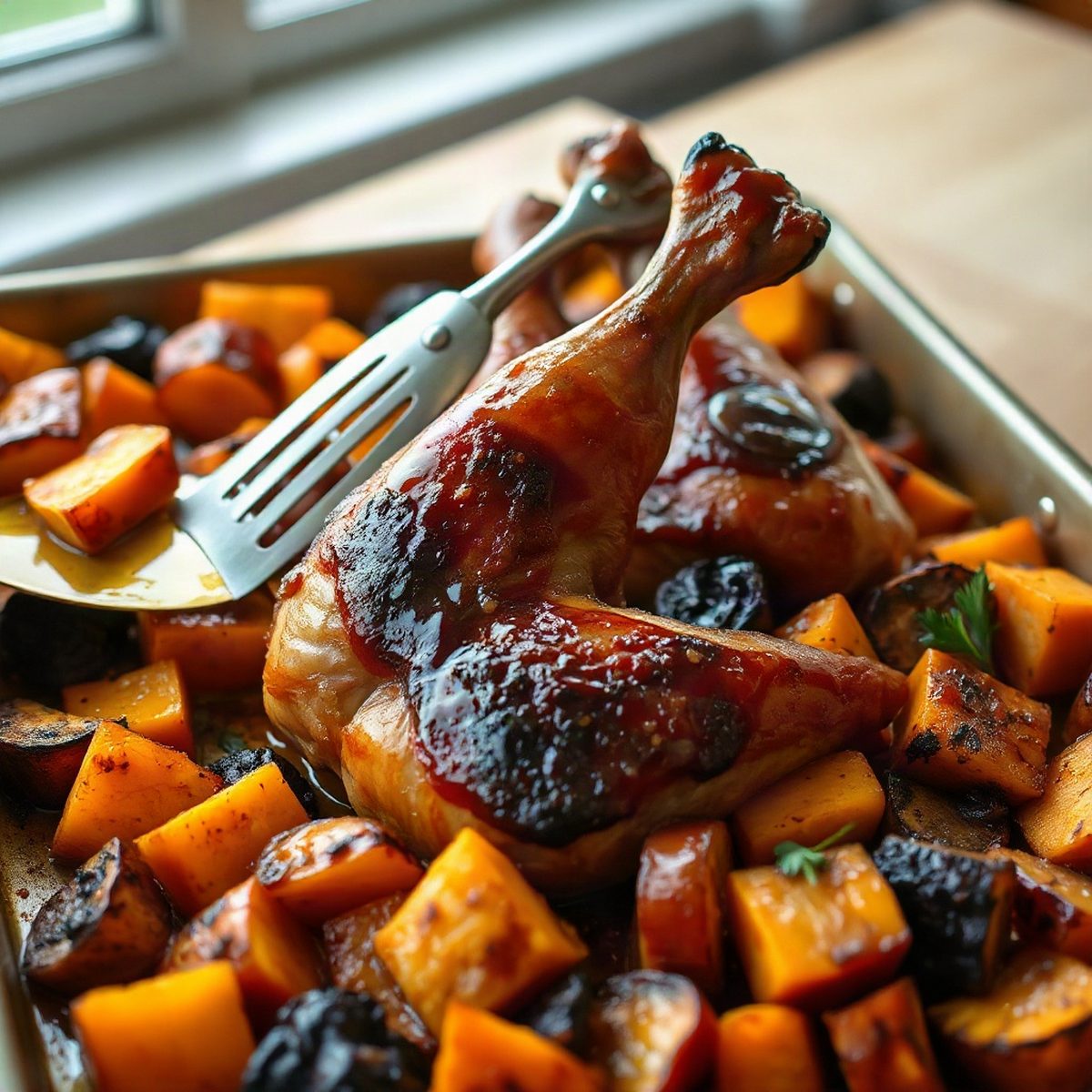 Maple-Glazed Confit Chicken Legs with Roasted Sweet Potatoes