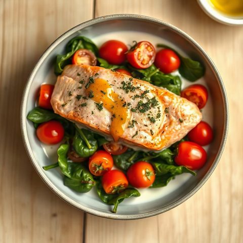 Saumon de l'Atlantique à la crème végétale, tomates apéro et épinards