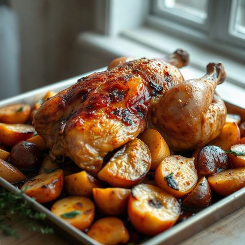 Poulet rôti aux pommes et aux pommes de terre