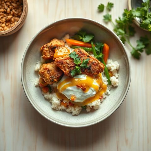 Bol de riz au poulet croustillant et poivrons verts