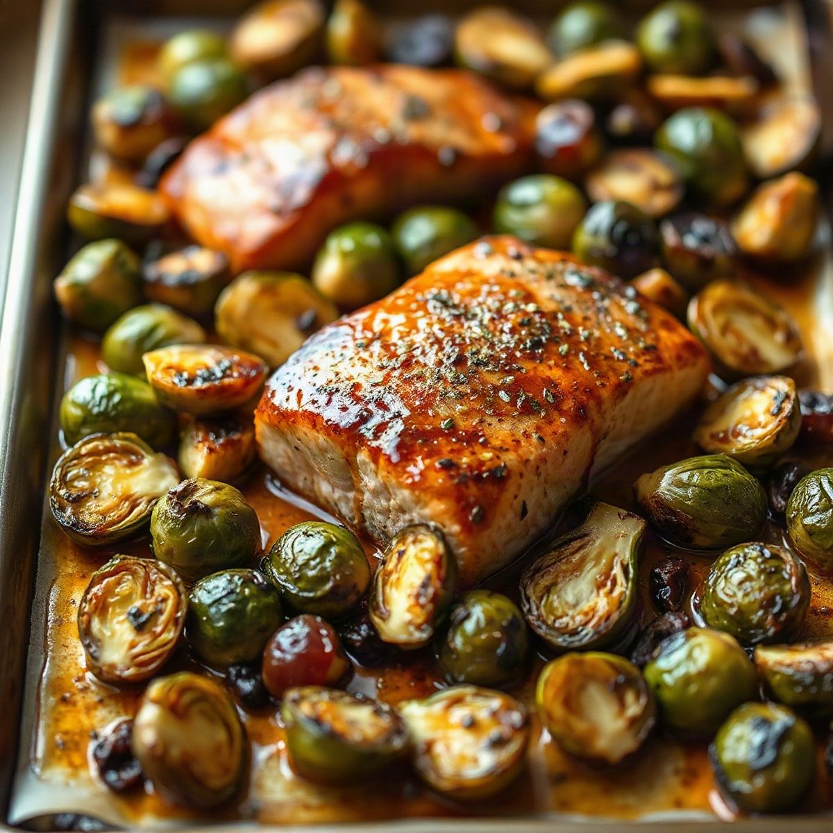 Maple-Mustard Glazed Salmon with Roasted Brussels Sprouts